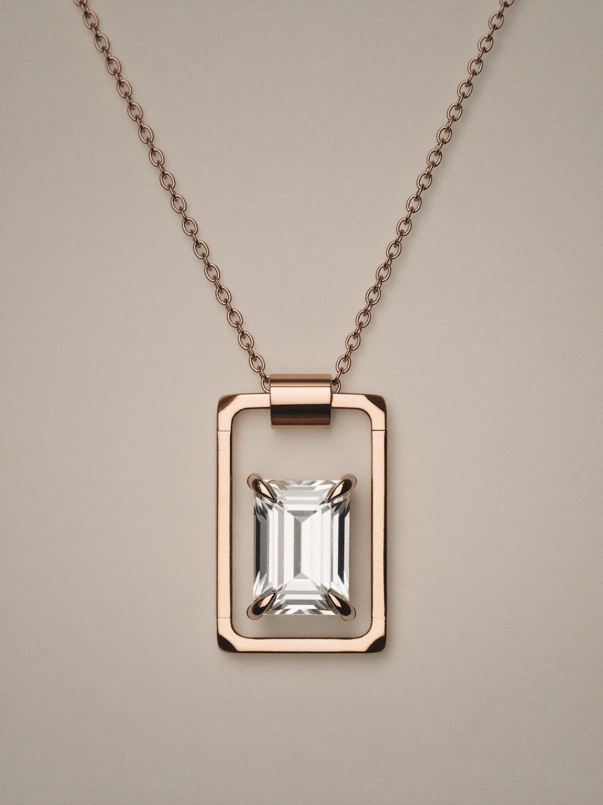 Design concept: The Trace Pendant, an emerald-cut stone inside an open frame on a fine chain