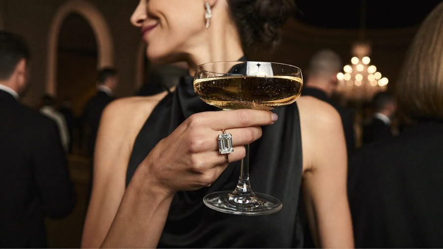 At an evening celebration, a woman raises a glass of champagne, an emerald-cut diamond ring on her hand
